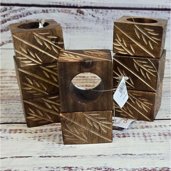 NWT Rustic Square Napkin Rings Bamboo carved real wood Boho Natural 8pc set - Picture 4 of 9